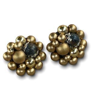 Vintage Clip On Earrings Gold Faux Pearl Beaded Flower Shape 50s Japan Retro